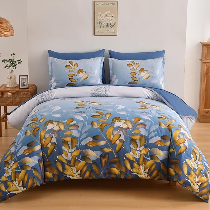 Anibedding Botanical Queen Comforter Set, 7 Piece Blue Gold Gradient Leaves Ultra Soft Microfiber Down Alternative Bedding Set with Sheets and Pillowcase for All Season