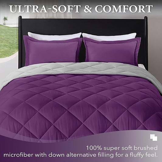 downluxe Queen Comforter Set - Purple and Grey Queen Comforter, Soft Bedding Sets for All Seasons -3 Pieces - 1 Comforter (88"x92") and 2 Pillow Shams(20"x26")