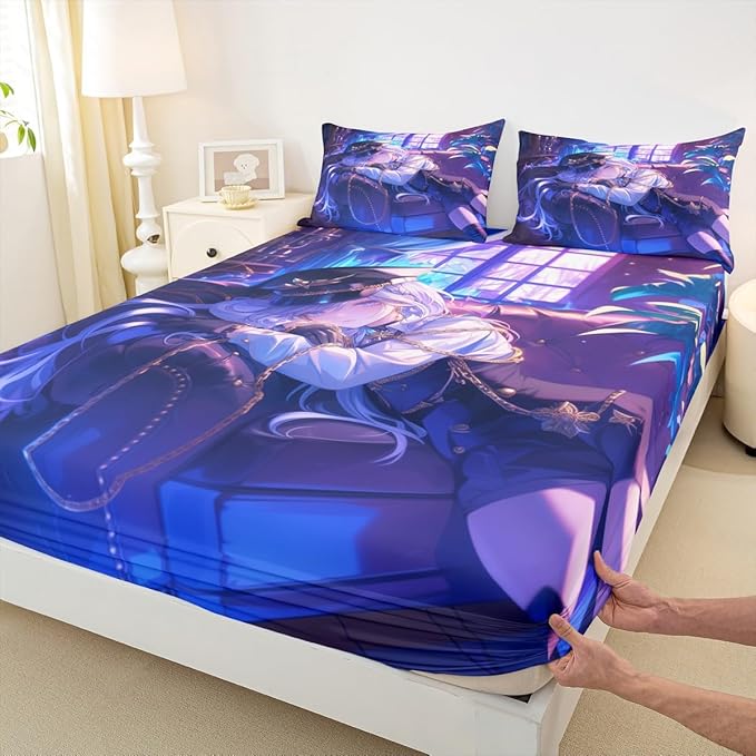 Erosebridal Japanese Anime Fitted Sheet,Cartoon Uniform Girls Bed Sheets for Boys Teen Bedroom Decoration Cute Japanese Cartoon Queen Size Bed Set,Anime Aesthetic Art Sheets with 2 Pillowcases