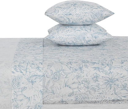 DAUAOTO Cotton Sheets Set Full Size 4 Pieces Flower Bedding Sets, Aqua Blue Floral Pattern, Up to 14" Deep