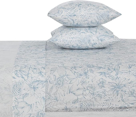 DAUAOTO Cotton Sheets Set California King Size 4 Pieces Flower Bedding Sets, Aqua Blue Floral Pattern, Up to 14" Deep