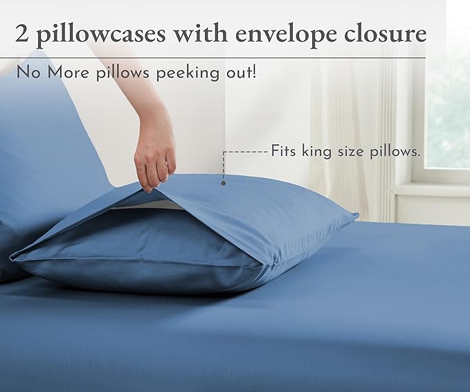 California Design Den Pillow Cases King Size Set of 2 - Soft 100% Organic Cotton, Crisp and Breathable Percale, Durable Organic Pillow Cases with Envelope Closure - Riviera Blue