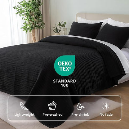 KASENTEX Queen XL Quilt Set 98"x98" – Soft Washed 3-Layer Lightweight Bedspread, Minimalist Nordic Design, All-Season Spring & Summer Quilt Set (1 Quilt + 2 Pillow Shams), Jet Black