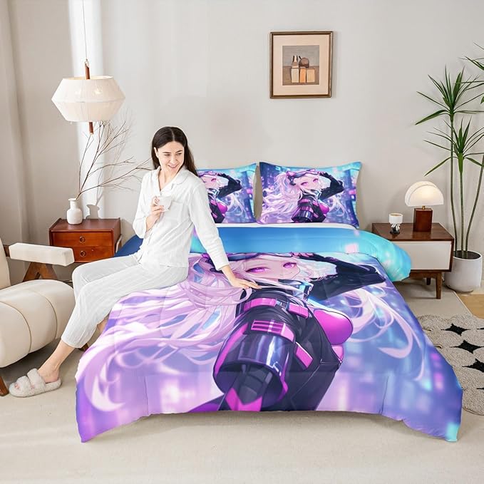 Erosebridal Girls Japanese Anime Bedding Set Toddler, Kawaii Anime Girl Comforter Set Cartoon Girl Quilt for Kids Teens Adult Women, Japanese Animation Sci Fi Style Duvet Insert, Blue Purple