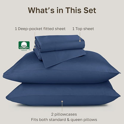 California Design Den Natural 100% Cotton Queen Sheet Set - Luxury Hotel 800 Thread Count Sateen, Soft and Durable Deep Pocket Sheets Set - Navy Blue