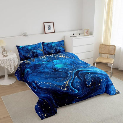Ombre Blue Marble Bedding Set King, Black And Blue Marble Comforter Set for Boys Girls Teens Adult, Abstract Ocean Wave Fluid Duvet Set with Golden Sequins, Modern Aesthetic Liquid Quilted Comforter