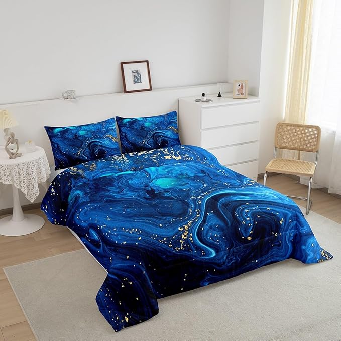 Erosebridal Ombre Blue Marble Queen Comforter Set, Black and Blue Marble Bedding Set for Men Teens Boys, Modern Golden Glitter Down Comforter, Watercolor Tie Dye Art Duvet Insert, Ocean Blue 3Pcs