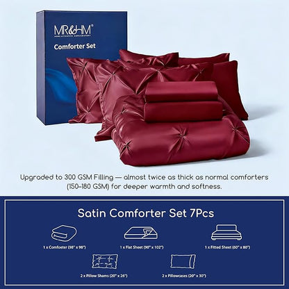 MR&HM Satin Comforter Set Oversized Queen, 7 Piece Bed in a Bag, Silky Soft All Season Bed Set, Luxury Pinch Pleat Bedding Set with Comforter, Sheets, Pillowcases & Shams, Burgundy