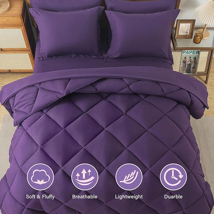 Cosybay Bed in a Bag King Comforter Sets 7pcs All Season Solid Down Alternative Bedding Sets Purple with Comforter, Pillow Shams, Flat Sheet, Fitted Sheet and Pillowcases
