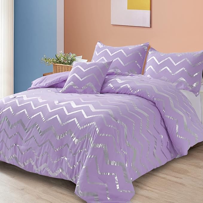 Menghomeus Purple/Silver Comforter Set Twin XL Lavender Metallic Print Glitter Bed Comforter Cute Shinny Bedding for Teen Girls Kids Women