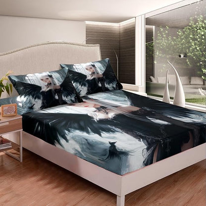 Erosebridal Anime Girl Bed Sheets Full Size, Kawaii Japanese Anime Fitted Sheet for Kids Boys Teens Adult, Cartoon Girl Bedding Set Japan Animation Bedroom, Machine Washable, Black White