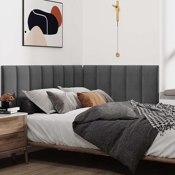 IFNOW Wall Mounted Headboard, Peel and Stick Panels, Dark Grey, King | Upholstered 3D Soundproof Acoustic Panels Reusable and Removable Padded Leather Bed Headboard, 12 Panels 9.84" x 23.62"