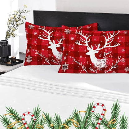 YIYEA Christmas King Size Pillow Cases Set of 4, Ultra Soft Double Brushed Microfiber Red Pillowcases and Christmas Pillow Covers, Envelope Closure, Fade Resistant (20"x36")