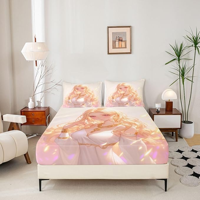 Erosebridal Kawaii Girly Fitted Sheet 3D Anime Gifts Bed Sheets, Japanese Girl Bedding Set for Kids Girls 3 Piece Lady Women Aesthetic Princess Sheets Full, 1 Fitted Sheet 2 Pillowcases