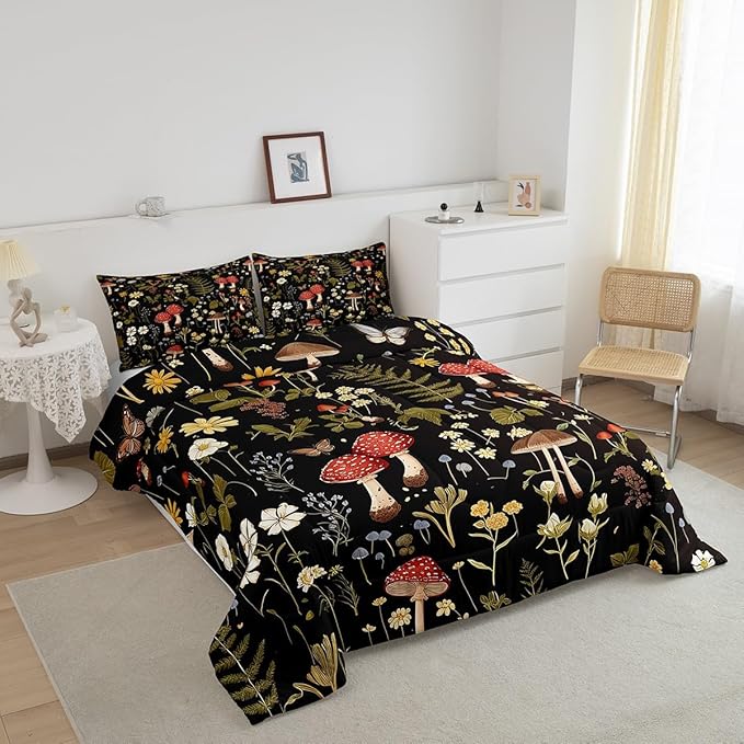 Feelyou Mushroom Comforter Set Twin Size Boho Comforter Western Decor Bedding Set Southwest Native American Design Duvet Set Room Decor Bronze Black Quilt Set