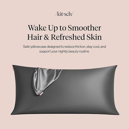 Kitsch Satin Pillowcase with Zipper for Hair & Skin - Softer Than Silk Pillow Cases, Smooth Cooling Satin Pillow Case, Wrinkle-Free, Machine Washable - King Size Satin Pillow Case (19x36) - Charcoal