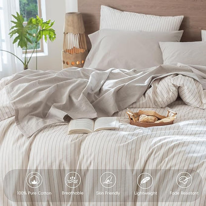 MooMee Bedding Sheet Set 100% Washed Cotton Linen Like Textured Breathable Durable Soft Comfy (Solid Light Tan, Full)