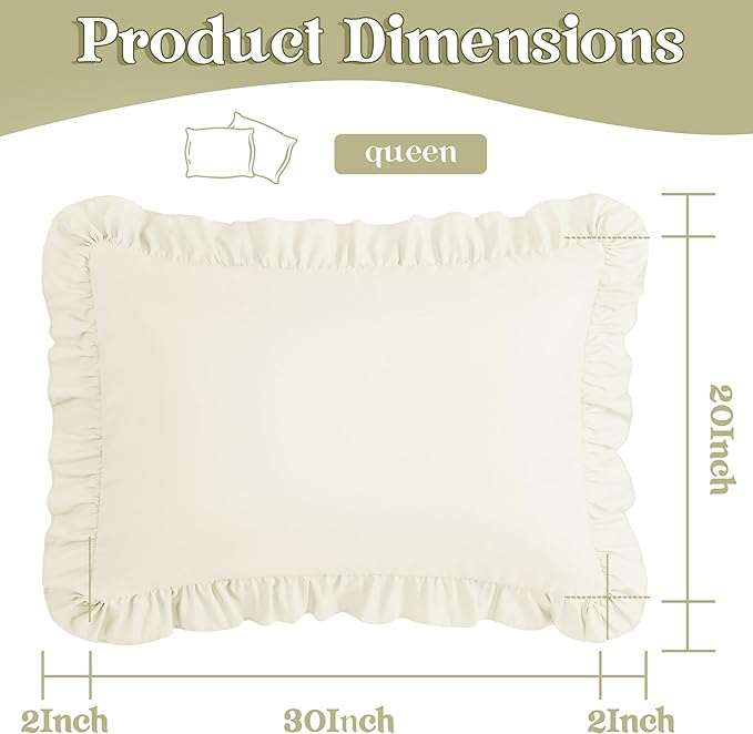 KKJIAF Ruffle Pillow Cases Queen Size Set of 2, Ruffled Pillow Covers with Envelope Closure, Wrinkle Resistant Ruffled Pillow Shams 20" x 30", Beige