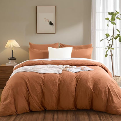 NEXHOME PRO Duvet Cover Set 100% Washed Cotton California King 104"x98", Organic Natural Linen Look Textured 3 Pieces Bedding Set Terracotta Burnt Orange with Zipper Closure, Soft(No Comforter)