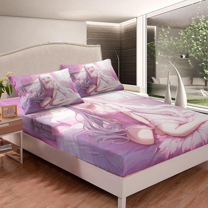 Erosebridal Full Size Japanese Anime Fitted Sheet for Kids, Anime Girl Bedding Set Kawaii Japanese Style Bed Sheets Cartoon Japan Animation Bed Set for Boys Teen Adult Women Bedroom,Pink