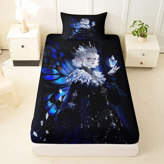 Erosebridal Gothic Girls Fitted Sheet for Boys Girls Kids A Girl Wearing A Crown Twin Bed Sheets,Butterfly Diamond Feather Print Sheets Coquette Princess Bedding Sets, No Top Sheet