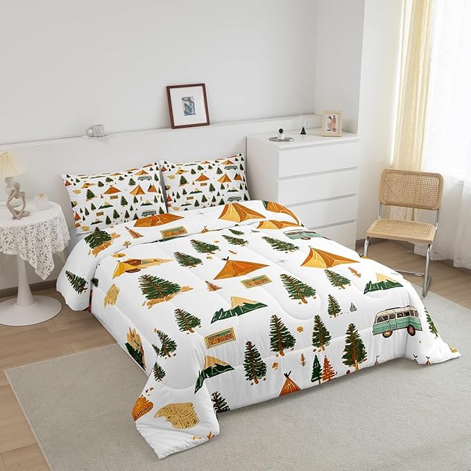 Feelyou Camping Comforter Set King Size Vintage Comforter Camper Accessories for Travel Trailers Bedding Set Camper Duvet Set Room Decor Ivory Quilt Set
