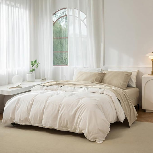 JIYUAN Queen Size Sheet Set, 4-Piece - 100% Washed Cotton, Linen-Like Soft & Breathable, Includes Deep Pocket Fitted & Flat Sheet with 2 Pillowcases, Hotel Quality, Heathered Tan