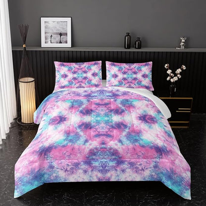 Colorful Graffiti Comforter Sets Full Size, Violet Blue Symmetry Graffiti Bedding Set for Your Room, Abstract Soft Lightweight Quilted Set All Season 1 Comforter and 2 Pillowcases
