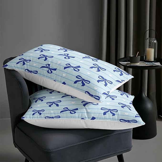 3Pcs Bow Bedding for Girls,Blue Bowknot and White Love Heart Printed Bedding Set King Size,Blue Striped Comforter for Teens Boys Girls,Kawaii Cartoon Comforter Set 1 Quilt 2 Pillowshams