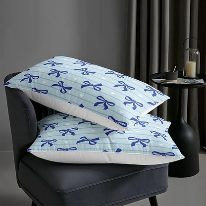 3Pcs Bow Bedding for Girls,Blue Bowknot and White Love Heart Printed Bedding Set Full Size,Blue Striped Comforter for Teens Boys Girls,Kawaii Cartoon Comforter Set 1 Quilt 2 Pillowshams