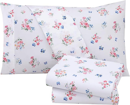 RUVANTI 100% Cotton Sheets – California King Percale Bedding, Cooling & Breathable Floral Design, Durable with a Crisp, Soft & Comfortable Feel, 14" Deep Pocket, 4-Piece Set, Funa Flora