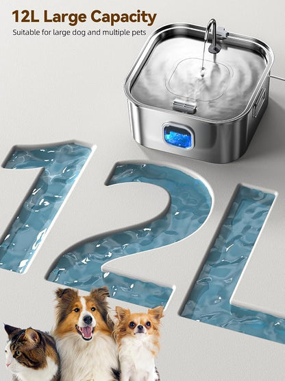 Dog Water Fountain Stainless Steel, 410oz/3.2Gal/12L Large Pet Water Fountain for Large Dog, Dog Water Bowl Dispenser with Water Level Window & LED Indicator, Super Quiet, with 2pcs Filters