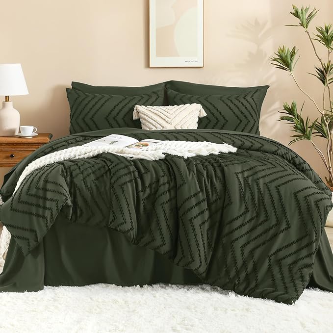 Litanika Comforters Queen Size Set with Sheets Dark Olive Green - 7 Pieces Bed in a Bag Queen Chevron Tufted Complete Bedding Sets with Comforter, Sheets, Pillowcases & Shams