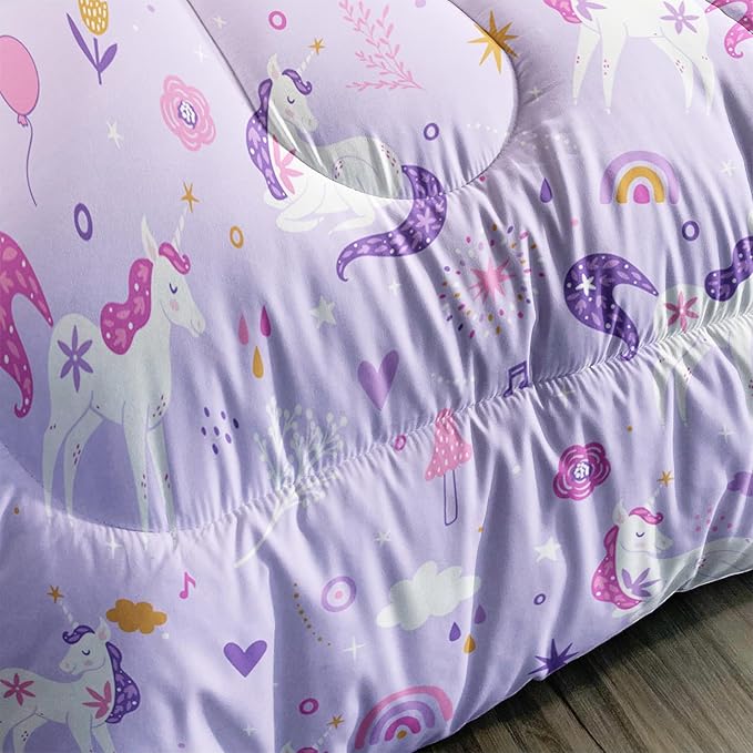 Unicorn 3-Piece Bedding Set for Girls - Violet, 3 Pieces: 1 Comforter, 2 Pillowcases - Rainbow Clouds Star Quilt Set - All Seasons