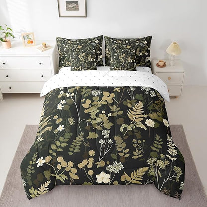 Castle Fairy Botanica Leaves 7 Pieces Bedding Set Twin Bed in a Bag,Wild Plants Retro Jungle Flowers Comforter Set for Be3droom Decor,Retro Farmhouse Style Soft Warm Microfiber Bedding