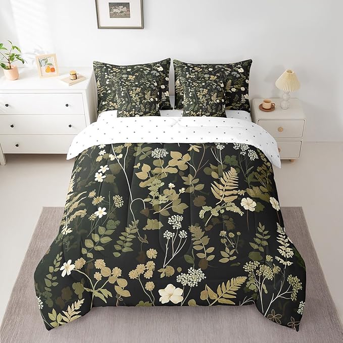 Castle Fairy Botanica Leaves 7 Pieces Bedding Set King Bed in a Bag,Wild Plants Retro Jungle Flowers Comforter Set for Be3droom Decor,Retro Farmhouse Style Soft Warm Microfiber Bedding