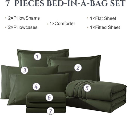 Monbix Oversized Queen Size Comforter Set - 7 Pieces Bed in a Bag, Olive Green Bedding Sets with Comforter, All Seasons Comforter Bed Set with Sheets, Pillowcases & Shams