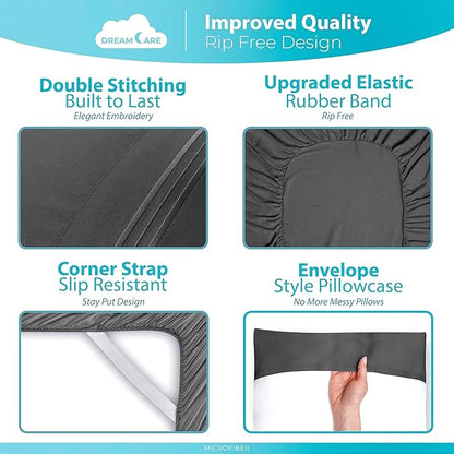 DREAMCARE Full Size Sheets - Cooling Bed Sheets - 4pcs Set - up to 15" Deep Pocket Full Sheet Set - Sheets Full Size Bed - Soft & Long Lasting 100% Fine Brushed Polyester with Side Pocket - Dark Gray