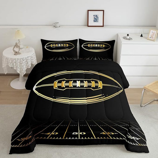 Feelyou Football Bedding Set Full Kids Rugby Sports Comforter Set American Football Comforter Set for Boys Golden Black Room Decor Lightweight Quilt Set with 2 Pillow Case