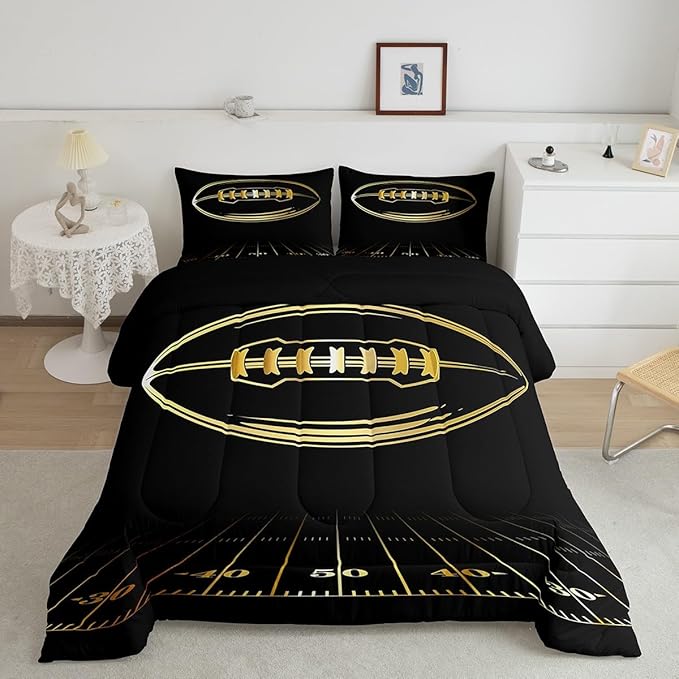 Feelyou Football Bedding Set Queen Kids Rugby Sports Comforter Set American Football Comforter Set for Boys Golden Black Room Decor Lightweight Quilt Set with 2 Pillow Case