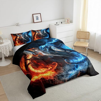 Feelyou Dragon Comforter Set Twin Size Dragon Stuff Comforter for Boys Girls Teens Wild Life Bedding Set Thunder and Lightning Duvet Set Room Decor Blue Orange Quilt Set