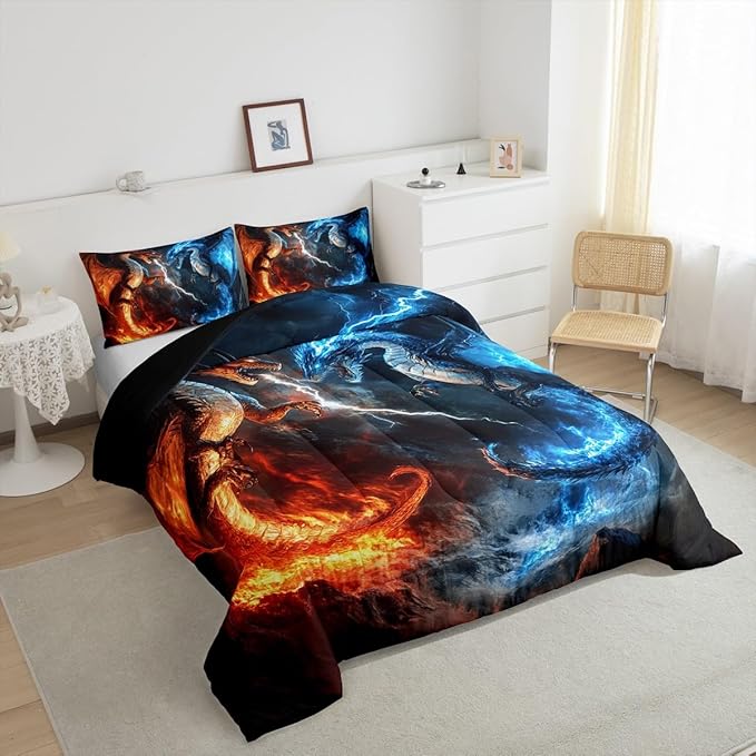Feelyou Dragon Comforter Set Full Size Dragon Stuff Comforter for Boys Girls Teens Wild Life Bedding Set Thunder and Lightning Duvet Set Room Decor Blue Orange Quilt Set