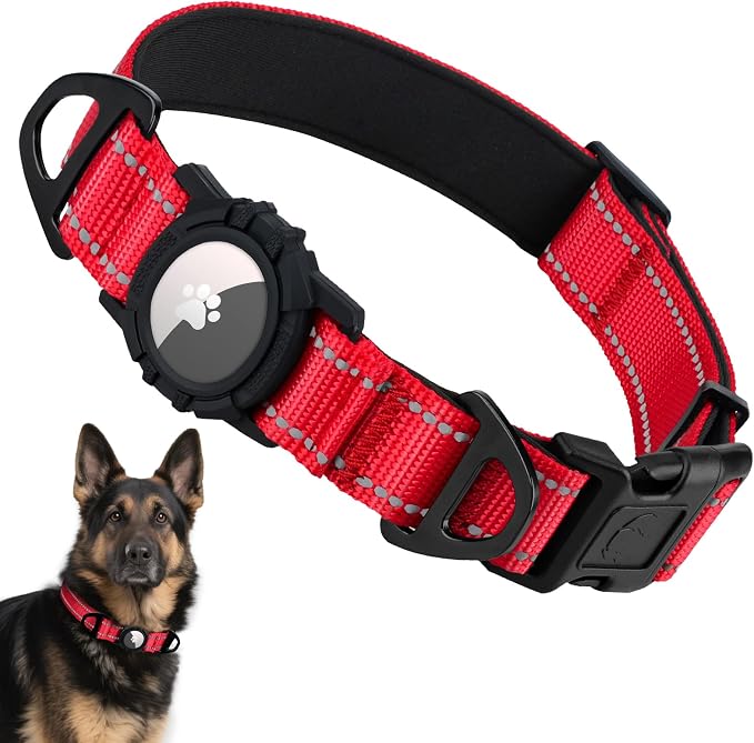 Taglory AirTag Dog Collar with Waterproof Holder for Large Dogs, Red, XL | Reflective for Night Walks & Low-Light Safety, Track Your Pup Peace of Mind, Adjustable Soft Padded, No More Dangling Tags