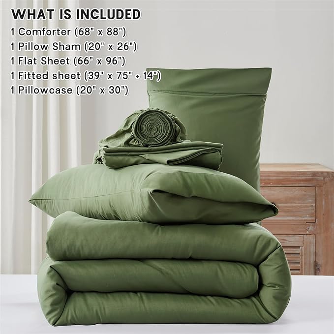 Anluoer Twin Comforter Set 5 Pieces, Olive Green Bed in a Bag with Sheets, All Season Bedding Sets with 1 Comforter, 1 Pillow Sham, 1 Pillowcase, 1 Flat Sheet, 1 Fitted Sheet