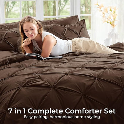 Sasttie Queen Comforter Set, 7-Piece Bed in a Bag, Pintuck Bedding Sets for All Season, Includes Comforter, Flat Sheet, Fitted Sheet, Pillowcases and Pillowshams, Dark Brown