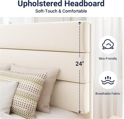 Allewie King Size Platform Bed Frame with Velvet Upholstered Headboard and Wooden Slats Support, Fully Upholstered Mattress Foundation/No Box Spring Needed/Easy Assembly, Cream