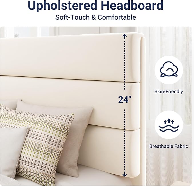 Allewie Twin Size Platform Bed Frame with Fabric Upholstered Headboard and Wooden Slats Support, Fully Upholstered Mattress Foundation/No Box Spring Needed/Easy Assembly, Cream