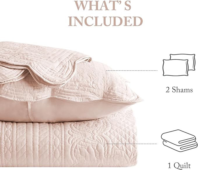 Madison Park Queen Quilt Set Damask Coverlet Set for Queen Size Bed, Cottage Oversized Quilt Set, Scallop Edge, All Season, Pre-washed Cotton-Filled Queen Size Quilt, Tuscany, Full/Queen Blush 3 Piece