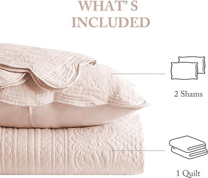 Madison Park Queen Quilt Set Damask Coverlet Set for Queen Size Bed, Cottage Oversized Quilt Set, Scallop Edge, All Season, Pre-washed Cotton-Filled Queen Size Quilt, Tuscany, Full/Queen Blush 3 Piece