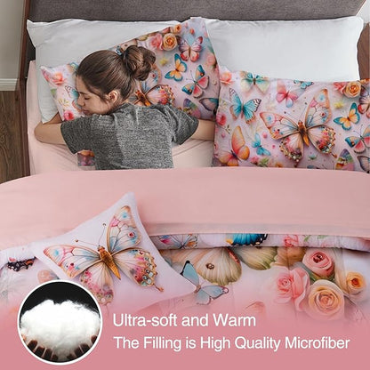 A Nice Night Queen 6pcs Bed in A Bag Pink and Blue Dreamy 3D Various Butterfly Printed, Colorful Butterflies Flying in Flower Design Bedding Full Comforter Set, for Girls Kids Teens